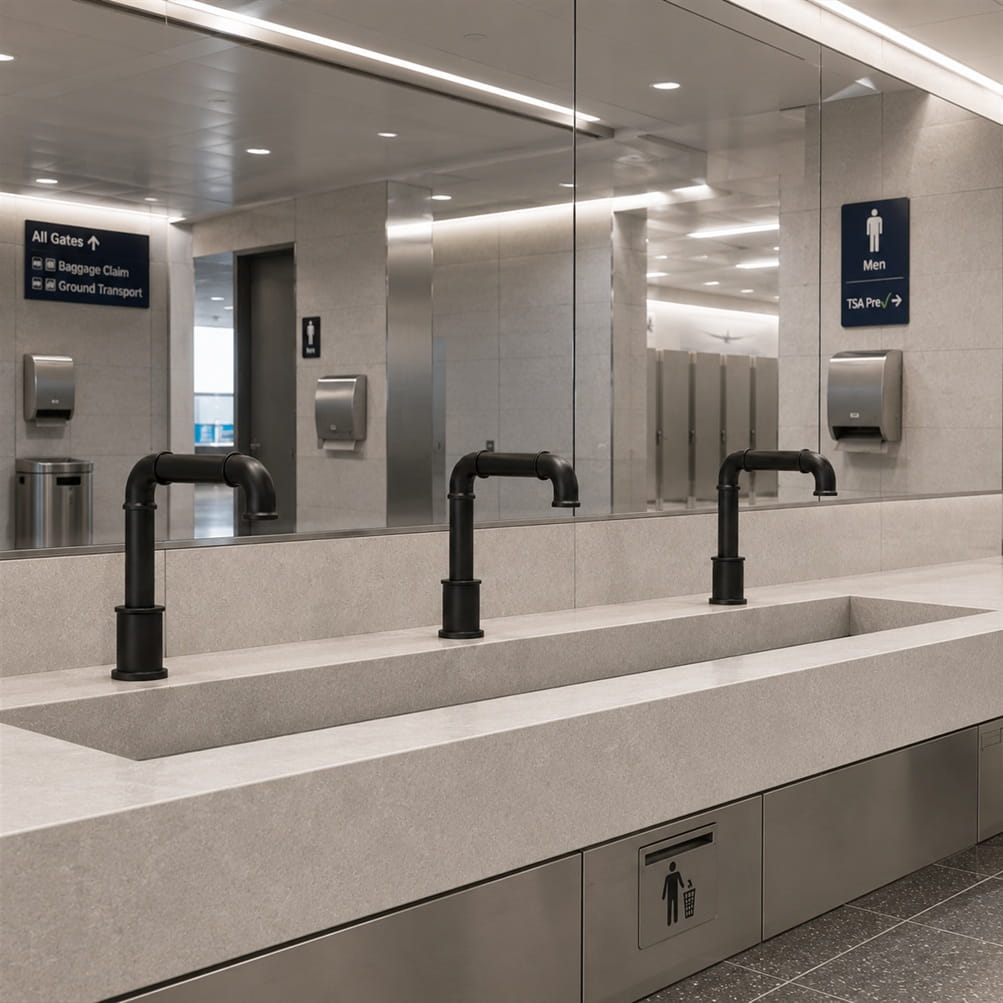 Airport terminal restroom with commercial solid brass touchless sensor faucets installed for high-cycle public lavatory operation